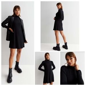 NEW New Look Black Ribbed Jersey High Neck Long Sleeve Mini Dress